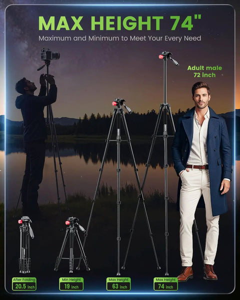 74 Inch Lightweight Camera Tripod For Mirrorless DSLR Phone And Camcorder Aluminum Stand next to adult male model outdoors.