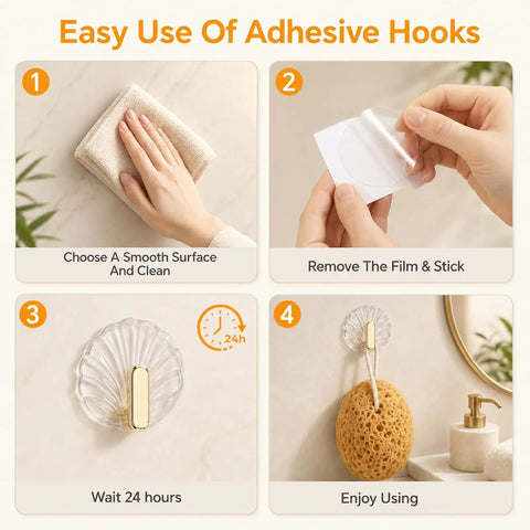 Easy use guide for 10 Pack Invisible Adhesive Wall Hooks With Chic Gold Shell Design Waterproof Heavy Duty Strong Hold.