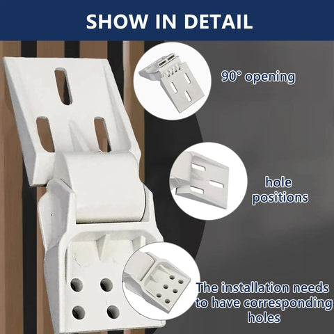 Two Pack Universal Freezer Hinges For Chest Freezers And Refrigerators, 3 Hole Counterbalance Friction Folding Door Hinges, 95 To 110 Degree Adjustable Grey Plastic Replacement Parts, DIY Friendly, No Fuss Install, showing close-up of white hinge design and hole positions.
