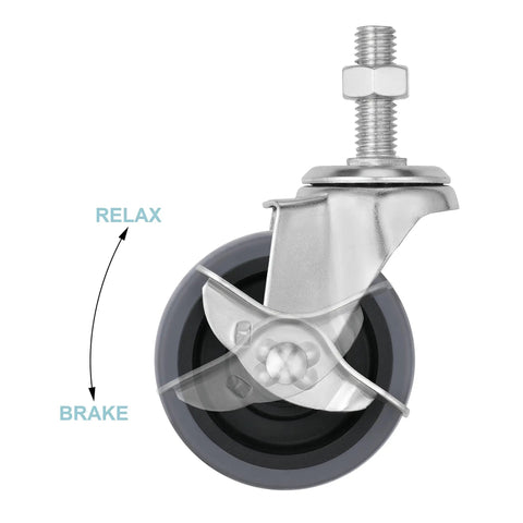 Three Inch Locking Stem Casters Set Of Four With Side Brakes Workhorse Quality One Half Inch Threaded Stem Thirteen Threads Per Inch