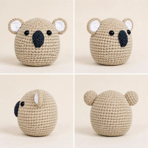 Beginner Crochet Kit For Amigurumi Lovers, All In One Starter Set With Yarn, koala face from various angles