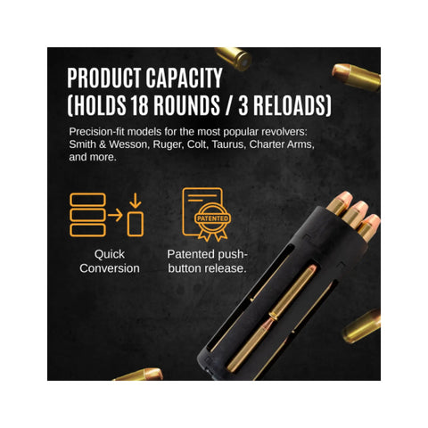 18 Round Speed Loader For 38 Special And 357 Magnum Revolvers High Capacity 2-In-1 Reload Tool with product features displayed.