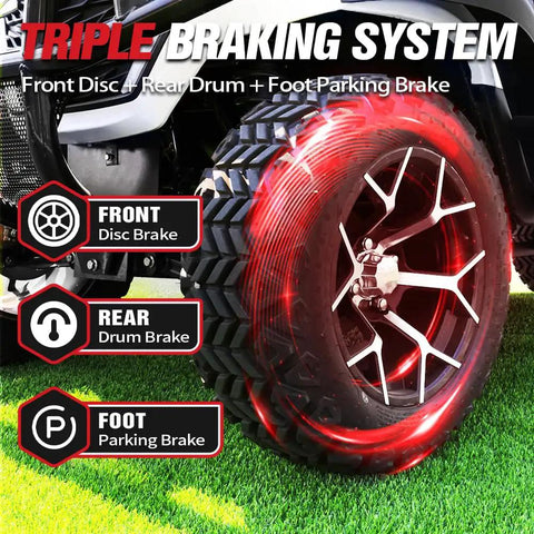 Six Seater Electric Golf Cart With 60V 105Ah Battery And Advanced Suspension Front and rear braking system details on tire.