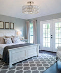 Lit Rose Gold Semi Flush Mount Crystal Ceiling Light With 68 K5 Crystals, Small Modern Chandelier Fixture in bedroom setting