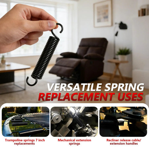 Heavy Duty Replacement Recliner Springs 4 7 8 Inch Extension Hardware featuring three quarter offset hooks in a hand.