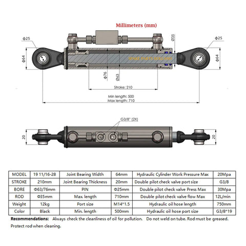 Diagram of Two Way Hydraulic Top Link for Tractor and Excavator Cat 2 20 MPa, showing dimensions and specifications.