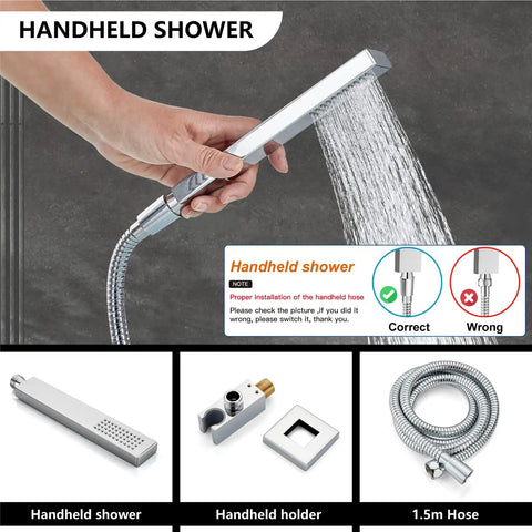 Wall Mount Shower System With Square Rain Shower Head And Hand Sprayer 12 Inch Polished Chrome Finish Rough In Valve Body And Trim Kit Included