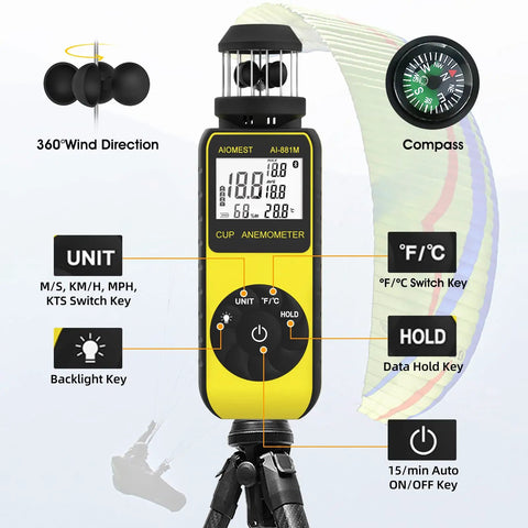 Handy Portable Handheld Anemometer Wind Speed Meter 1.5 To 93 MPH With 0.1 Resolution, Indoor Outdoor Air Flow Gauge For HVAC Balancing And Drone Pilots, Switches Between MPH Knots KMH And Meters Per Second, yellow black handheld cup anemometer with backlit LCD