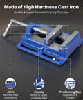 Pro Grade 6 Inch Drill Press Vise With Slotted Base Heavy Duty Cast Iron Workbench Vice For Woodworking And Metalworking Portable Bench Vise That Grips Tight Up To 7kN Non Slip Jaws For Drilling Engraving Cutting And More. Blue cast iron 6-inch drill press vise with slotted base and jaws