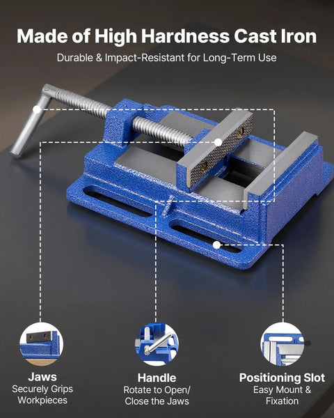 Pro Grade 6 Inch Drill Press Vise With Slotted Base Heavy Duty Cast Iron Workbench Vice For Woodworking And Metalworking Portable Bench Vise That Grips Tight Up To 7kN Non Slip Jaws For Drilling Engraving Cutting And More. Blue cast iron 6-inch drill press vise with slotted base and jaws