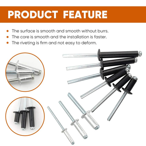 110-Piece Aluminum Blind Rivets 3 Sixteenth Inch By 1 Inch With Steel Mandrel shown in a pile with close-up view