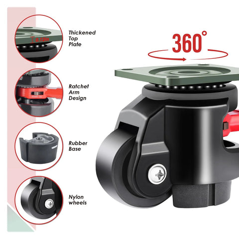 FIZAR 4-pack heavy-duty leveling casters for workbench; black, 2200 lb capacity, 360° swivel with retractable arms