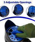 Three Setting Handheld Spreader with easy flow control detail for lawn and garden fertilizer, grass seed, salt, and ice melt.