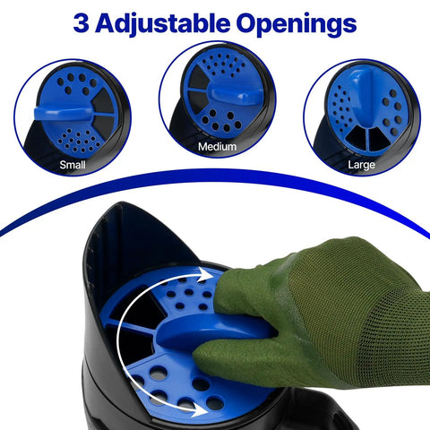 Three Setting Handheld Spreader with easy flow control detail for lawn and garden fertilizer, grass seed, salt, and ice melt.
