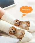 Person wearing DIY socks with cute puppy image using 2 Piece Metal Straight Sock Sublimation Jigs With Heat Transfer Paper.