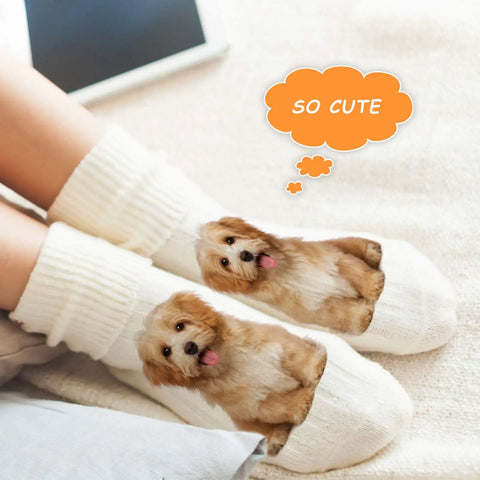 Person wearing DIY socks with cute puppy image using 2 Piece Metal Straight Sock Sublimation Jigs With Heat Transfer Paper.