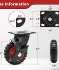 5 Inch Heavy Duty Rubber Casters Set Of 4 With 2 Brakes And 2 Rigid Wheels Industrial Grade Solid Rubber Tread For Cart Wagon Or Chicken Coop Outdoor Use Up To 1080 Lbs Load Capacity Sturdy Steel Core And Knobby Tread, front view with size details.