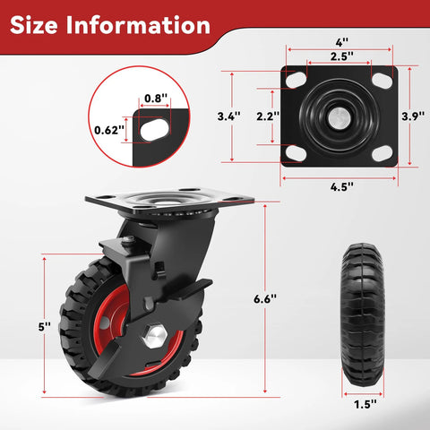 5 Inch Heavy Duty Rubber Casters Set Of 4 With 2 Brakes And 2 Rigid Wheels Industrial Grade Solid Rubber Tread For Cart Wagon Or Chicken Coop Outdoor Use Up To 1080 Lbs Load Capacity Sturdy Steel Core And Knobby Tread, front view with size details.