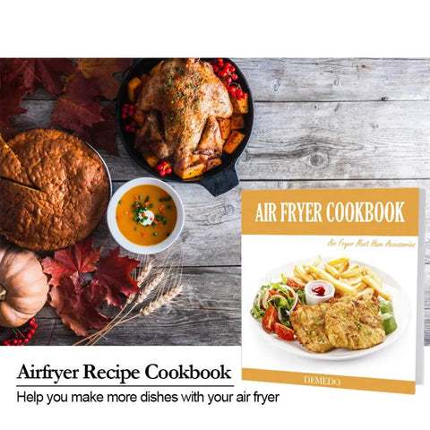 Game Changing 11 Piece Air Fryer Accessories Kit With Recipe Cookbook featuring meals and cookbook on a wooden table