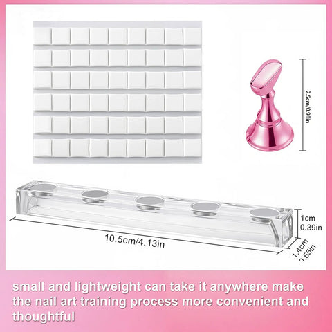 Pink Nail Art Display Stands Set With 54 Adhesive Putty Pieces, Acrylic Nail Stands With Magnetic Tips And Chess Shaped Tips seen from top angle