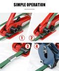 Rock Solid Heavy Duty Banding Strapping Tensioner And Cutter Tool Manual Windlass for 1/2 to 3/4 inch Polyester Strap in operation steps.
