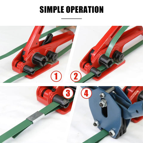 Rock Solid Heavy Duty Banding Strapping Tensioner And Cutter Tool Manual Windlass for 1/2 to 3/4 inch Polyester Strap in operation steps.
