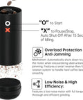 Nuttii&Timemore OX Electric Coffee Grinder Portable Conical Burr Design showing controls and coffee grounds being ground.