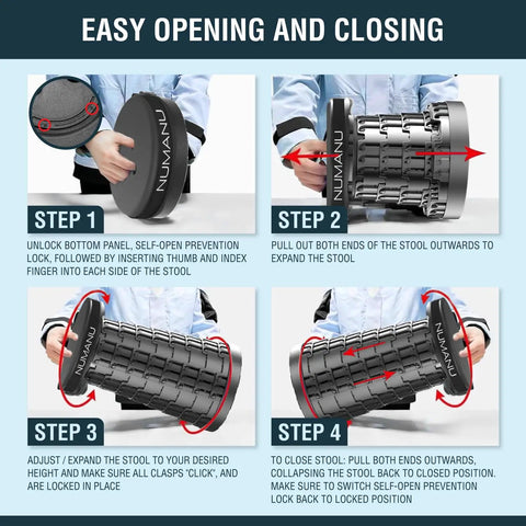 Instructions for opening and closing the Upgraded Padded Collapsible Stool With Telescoping Height From 2.5 To 18 Inches