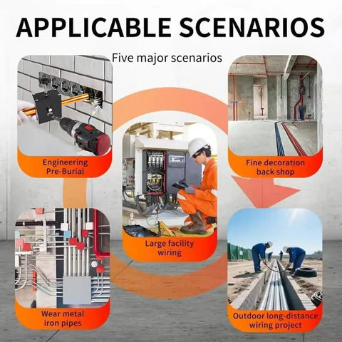 Image showcasing five scenarios for using Automatic Wire Threading Machine For Drywall And Conduit Pipes Electric Drill Compatible Cable Pulling Tool.
