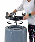 Heavy Duty Trash Can Dolly With Five Casters And Foot Stabilizer Plastic Utility Cart That Fits 20 To 55 Gallon Brute Containers Supports Up To 460 Lb Durable Black Finish For Easy Transport, shown tilted 45 degrees over a trash can