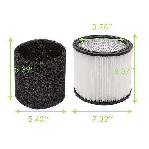 Cartridge Filter With Lid And Foam Sleeve Replacement For Wet Dry Vacuums 5 Gallon And Up Fits 90304 90350 90333 90585 2 In 1 Filter Kit For Vacuum Cleaners Includes Four Pieces shown with dimensions