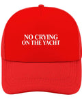 Red Women's Breathable Golf Hat With Six Vent Eyelets Low Profile Unstructured Cap Moisture Wicking Sweatband with text 'No Crying on the Yacht'.