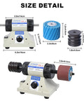 Leather Edge Polisher Kit With 350W Burnishing Machine, 0-10000 RPM Adjustable Sander, Rosewood Grinding Head shown with dimensions