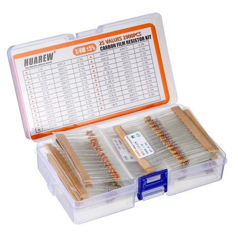 Massive 1000 Pack 25 Value Carbon Film Resistors Kit From 1 Ohm To 1 Meg Ohm One Quarter Watt Five Percent kit in box