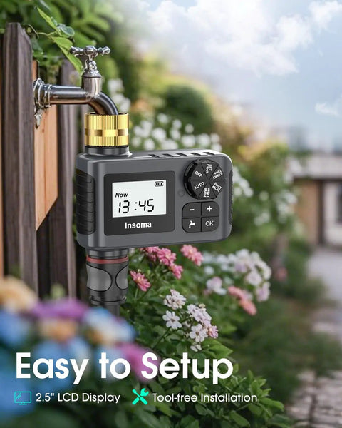 Heavy Duty Brass Water Timer For Outdoor Garden Hose With Rain Delay And Manual Mode Automatic Drip Irrigation Controller attached to faucet