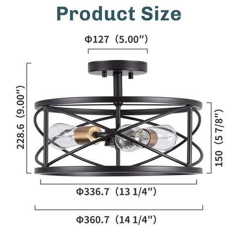 Three Light Semi Flush Mount Ceiling Light With Industrial Modern Farmhouse Style And Metal Cage 14 Inch Wide Oil Rubbed Bronze Finish E26 Base Rustic Yet Sleek Kitchen Hallway Living Room Bedroom Fixture product dimensions