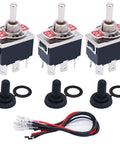 Beefy Three Pack Latching DPDT Toggle Switches 6 Pin 3 Position On Off On Heavy Duty 16A 250VAC Waterproof Cap shown with accessories