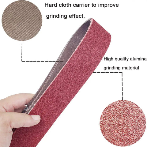 Hand holding 18 Pack 1-1/2 X 30 Inch Sanding Belts Set For Pipe Tubing Polisher Sander With 60 80 120 150 240 400 Grit Aluminum Oxide Belts