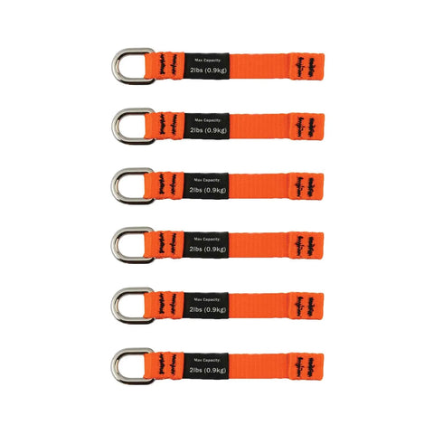 Five orange 2lb capacity webbing straps with D-rings, part of the Squids 3180 Tool Tethering Kit For 2lb Tools ANSI ISEA 121-2018 Compliant