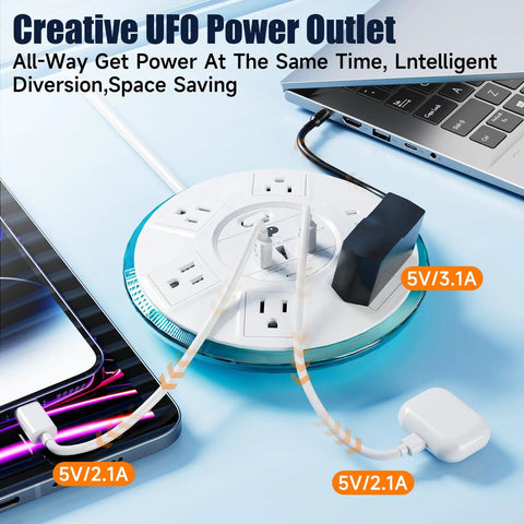 All In One Dope Surge Protector Power Strip With Smart Design 4 Feet Flat Extension Cord 6 Outlets And 3 USB Quick Charge Ports EMI RFI Filter Space Saving Home Office UL Listed, circular design, powering devices