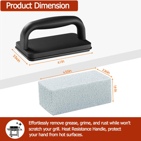Heavy Duty Griddle Cleaning Brick With Handle 5 Pack Pumice Stone Grill Cleaner dimensions and heat-resistant handle.