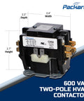 Hecka Reliable 2 Pole Contactor With 40 Amp Output And 24V Coil Handles 600V AC Jobs Smooth UL Certified Class B Wiring Includes Spade Connectors viewed from the front with dimensions 2.2" depth, 3.4" width, 2.7" height.