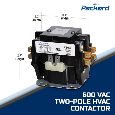 Hecka Reliable 2 Pole Contactor With 40 Amp Output And 24V Coil Handles 600V AC Jobs Smooth UL Certified Class B Wiring Includes Spade Connectors viewed from the front with dimensions 2.2" depth, 3.4" width, 2.7" height.