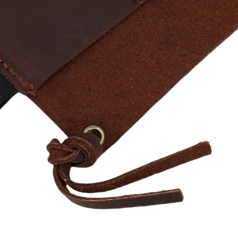 Close-up of brown cowhide Leather Belt Sheath For Multitools Dope Daily Carry Holder with leather strap and stitching detail.
