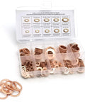 Copper Crush Washers Set, 200-Piece Metric Gasket Kit for Oil Drain Plugs, 9 Sizes From M5 To M14, rustproof gold washers in box