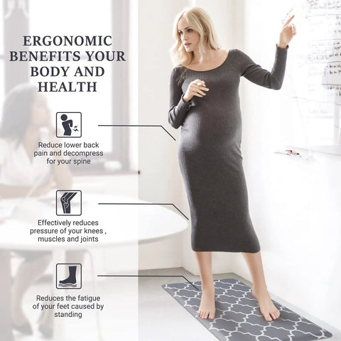 Anti Fatigue Kitchen Mat Cushioned Comfy Ergonomic Comfort Floor Mat Non Slip Waterproof For Kitchen Sink Laundry Home Office Grey 17.3 Inch By 28 Inch Great For Standing Tasks And Long Cooking Sessions, shown in use reducing fatigue.