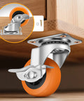 Heavy Duty Swivel Caster Wheels Set Of 4 With Locking Brakes And Sealed Ball Bearings 3 Inch Polyurethane Treads close-up view on wood