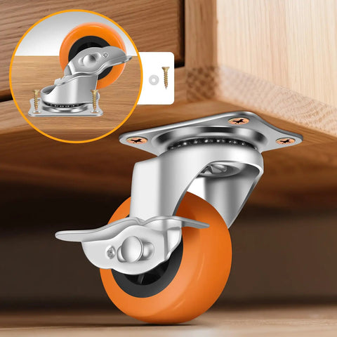 Heavy Duty Swivel Caster Wheels Set Of 4 With Locking Brakes And Sealed Ball Bearings 3 Inch Polyurethane Treads close-up view on wood