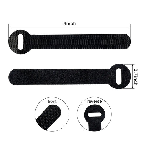 Reusable Cable Ties Organizer Set For Home Office And Tech Gear, black cable straps shown in front and reverse, 4-inch size.