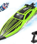 Brushless RC Boat For Adults With Dual Rechargeable Batteries, High Speed Remote Control Boat Reaching 30 Plus MPH On Lakes, 30+ Minutes Of Proportional Control, Green 79705, shown with remote and motor on blue background.